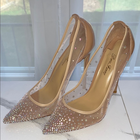Rhinestone Nude Patent Leather & Mesh Heels - Size 42 - Picture 3 of 11